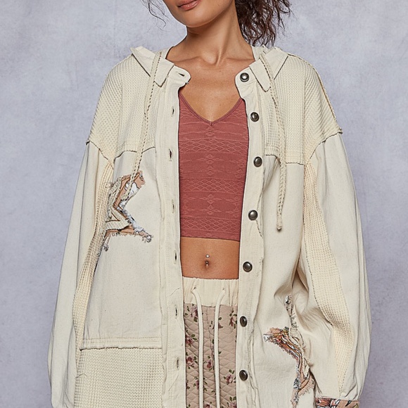 New POL Shacket Shirt Placket Hoodie Button Down Relaxed Fit 100% Cotton Stars ! - Picture 10 of 16